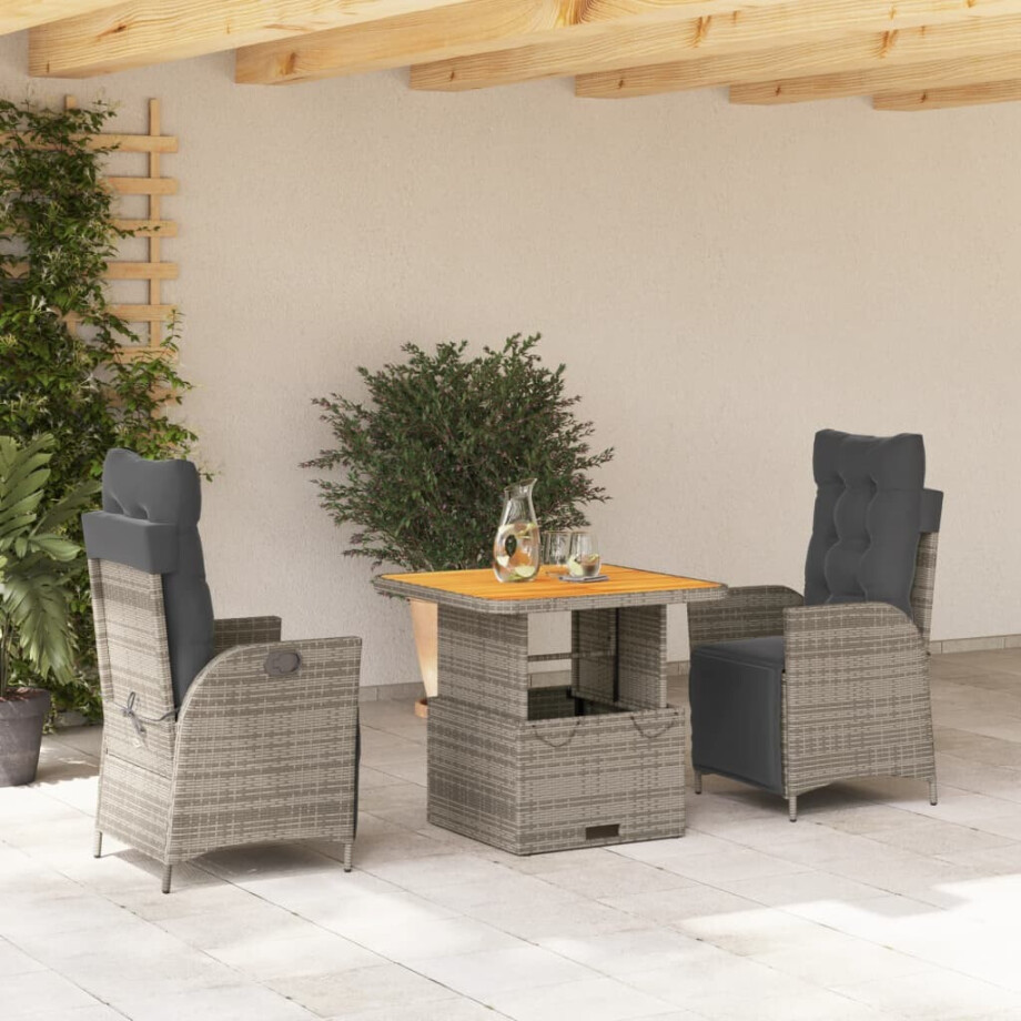 vidaXL 3-delige Tuinset met kussens poly rattan grijs afbeelding 1