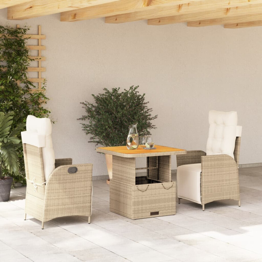 vidaXL 3-delige Tuinset met kussens poly rattan beige afbeelding 1