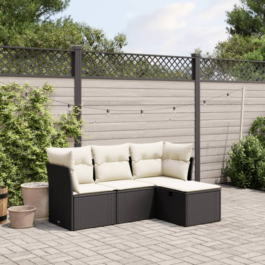 vidaXL 4-delige Loungeset met kussens poly rattan zwart afbeelding 1