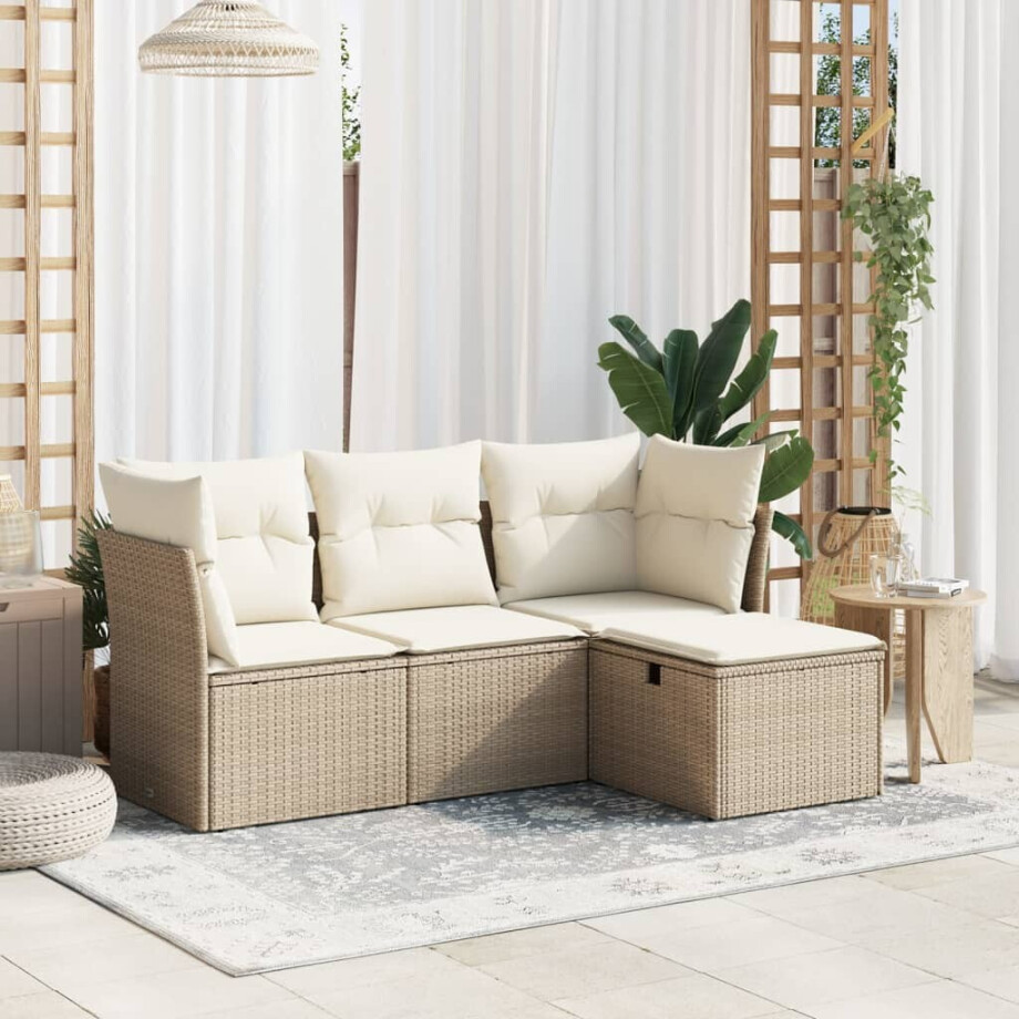 vidaXL 4-delige Loungeset met kussens poly rattan beige afbeelding 1