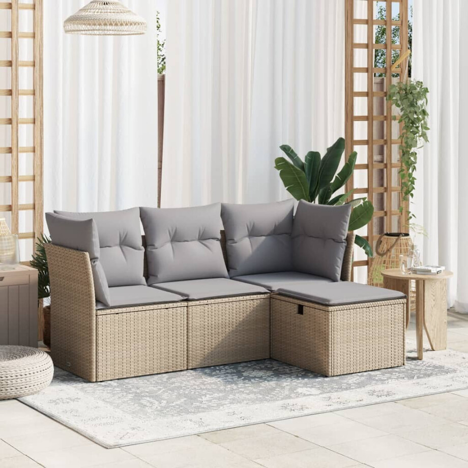 vidaXL 4-delige Loungeset met kussens poly rattan gemengd beige afbeelding 1