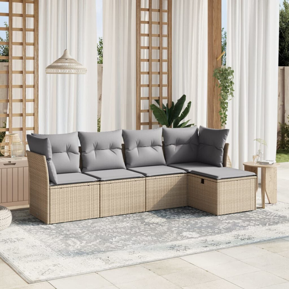 vidaXL 5-delige Loungeset met kussens poly rattan gemengd beige afbeelding 1