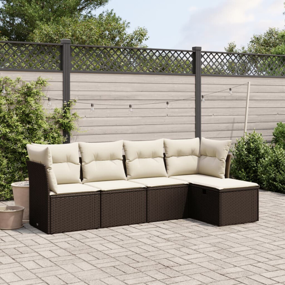 vidaXL 5-delige Loungeset met kussens poly rattan bruin vidaXL 5-delige Loungeset met kussens poly rattan bruin afbeelding 1