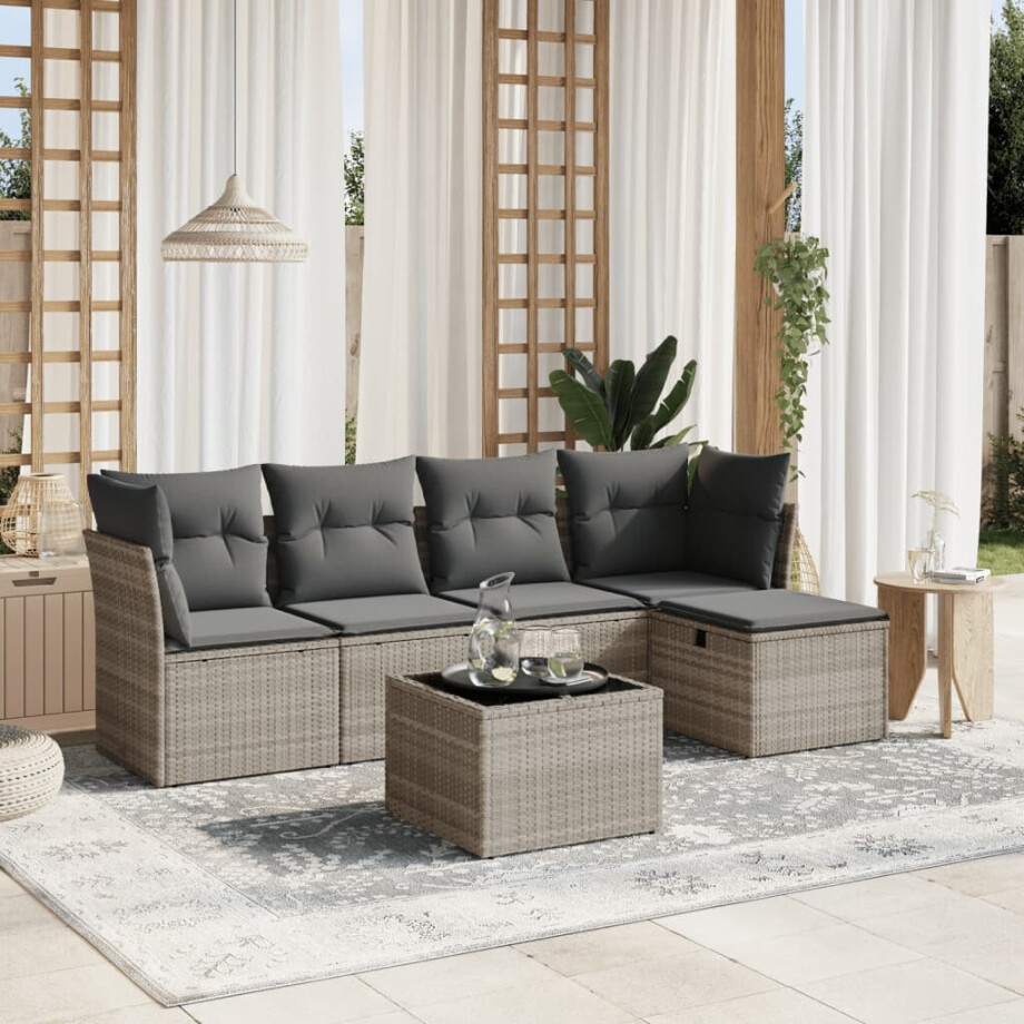 vidaXL 6-delige Loungeset met kussens poly rattan lichtgrijs afbeelding 1