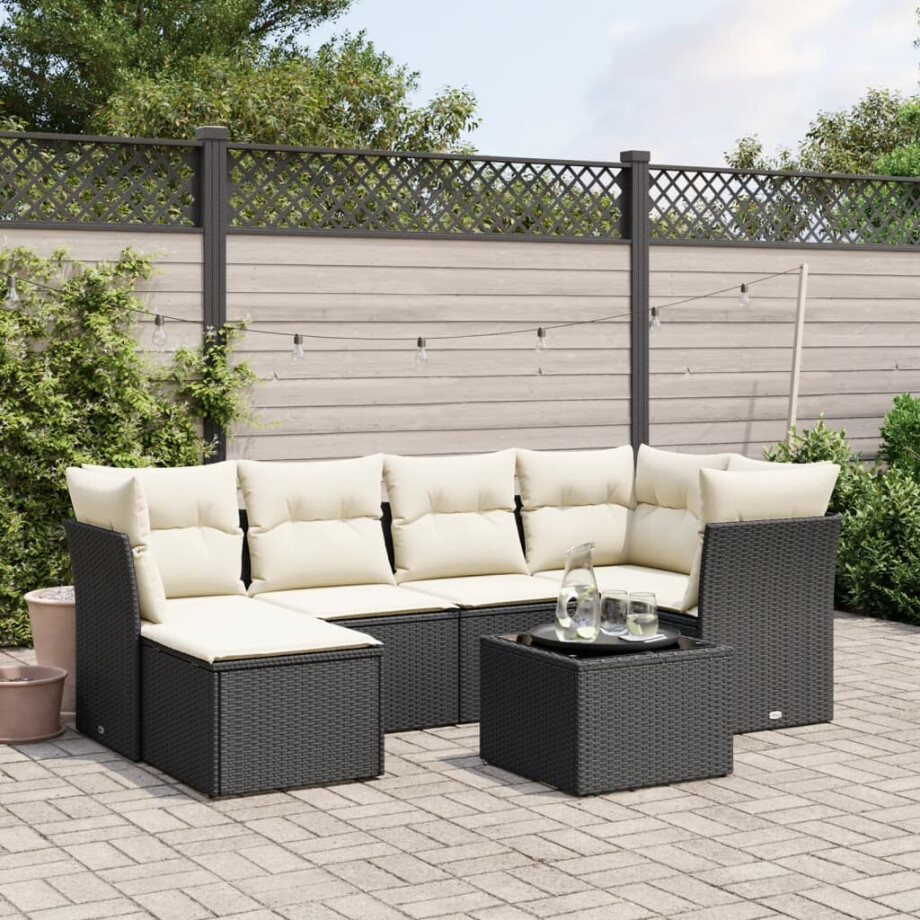 vidaXL 7-delige Loungeset met kussens poly rattan zwart vidaXL 7-delige Loungeset met kussens poly rattan zwart afbeelding 1