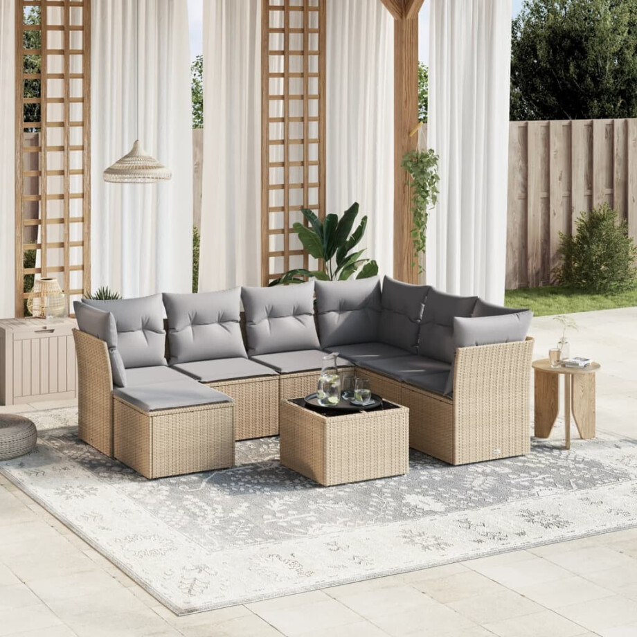 vidaXL 8-delige Loungeset met kussens poly rattan gemengd beige vidaXL 8-delige Loungeset met kussens poly rattan gemengd beige afbeelding 1