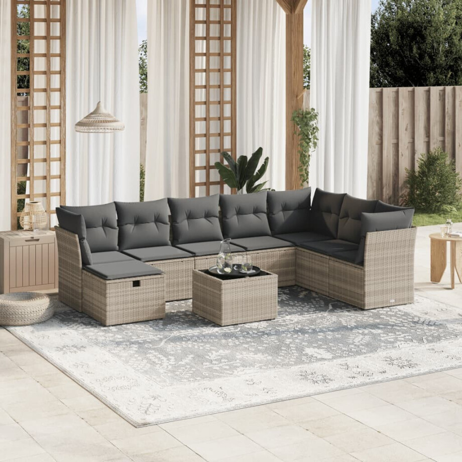 vidaXL 9-delige Loungeset met kussens poly rattan lichtgrijs vidaXL 9-delige Loungeset met kussens poly rattan lichtgrijs afbeelding 1