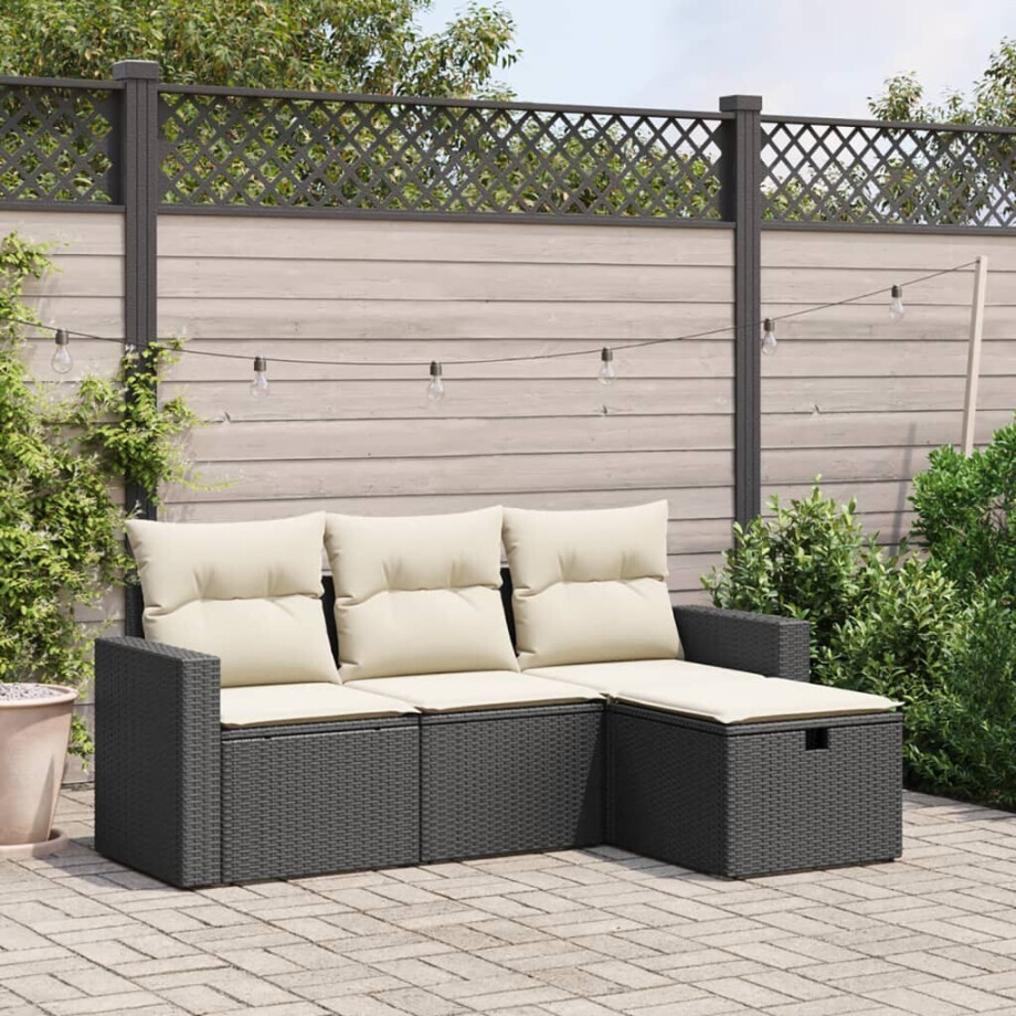 vidaXL 4-delige Loungeset met kussens poly rattan zwart vidaXL 4-delige Loungeset met kussens poly rattan zwart afbeelding 1