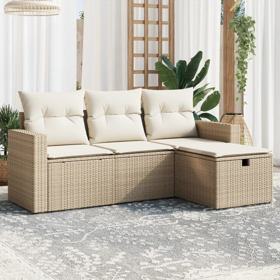 vidaXL 4-delige Loungeset met kussens poly rattan beige afbeelding 1