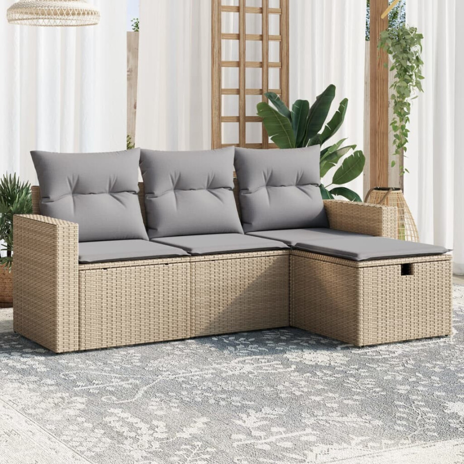 vidaXL 4-delige Loungeset met kussens poly rattan gemengd beige afbeelding 1