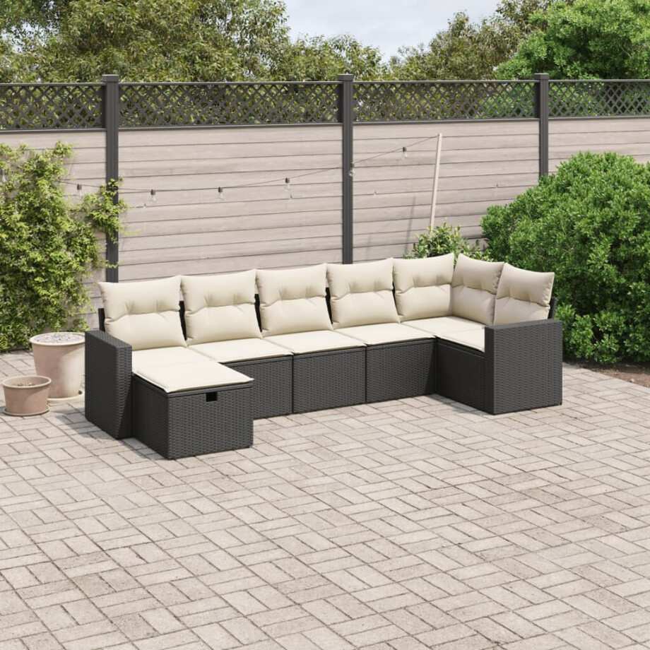 vidaXL 7-delige Loungeset met kussens poly rattan zwart vidaXL 7-delige Loungeset met kussens poly rattan zwart afbeelding 1