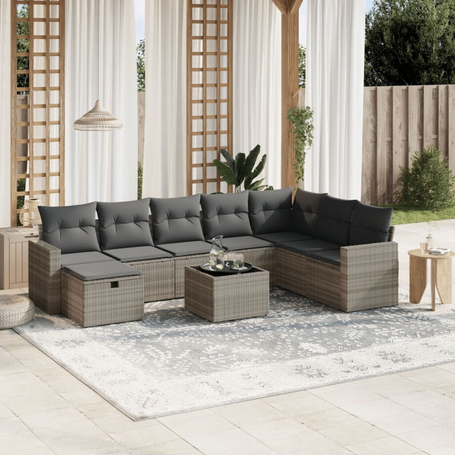 vidaXL 9-delige Loungeset met kussens poly rattan lichtgrijs vidaXL 9-delige Loungeset met kussens poly rattan lichtgrijs afbeelding 1