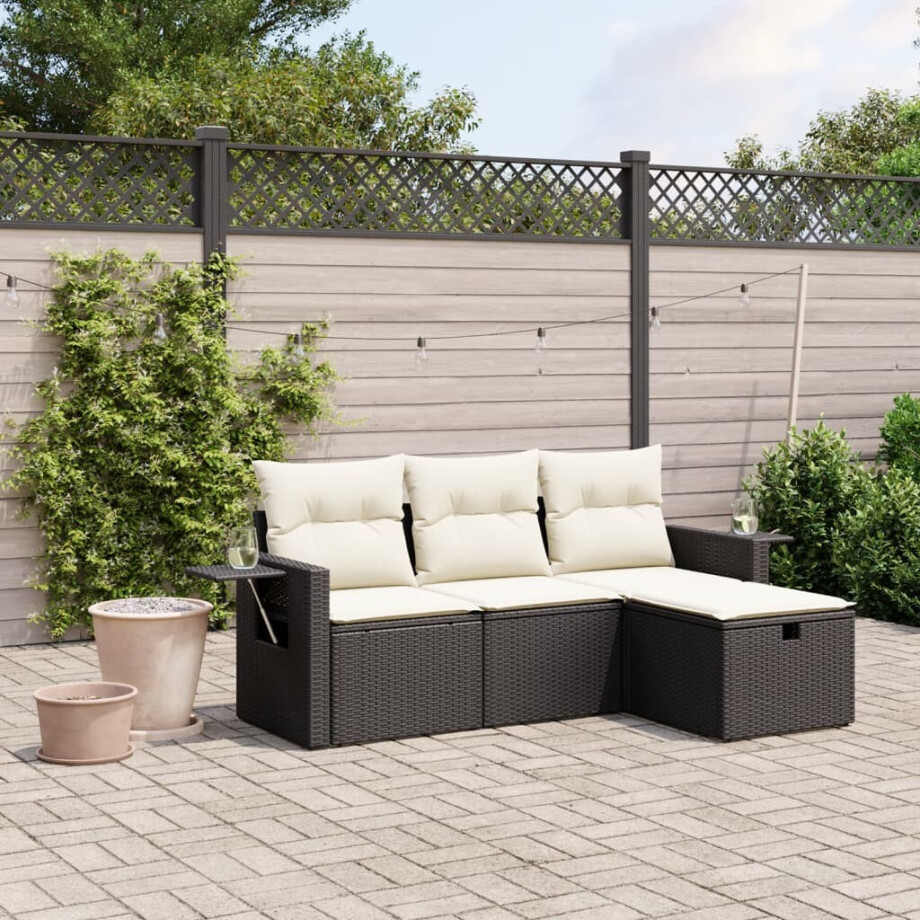 vidaXL 4-delige Loungeset met kussens poly rattan zwart afbeelding 1