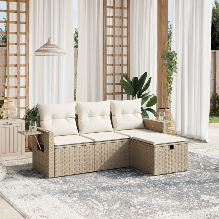 vidaXL 4-delige Loungeset met kussens poly rattan beige afbeelding 1