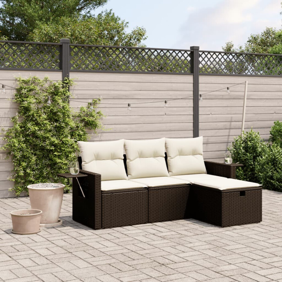 vidaXL 4-delige Loungeset met kussens poly rattan bruin afbeelding 1