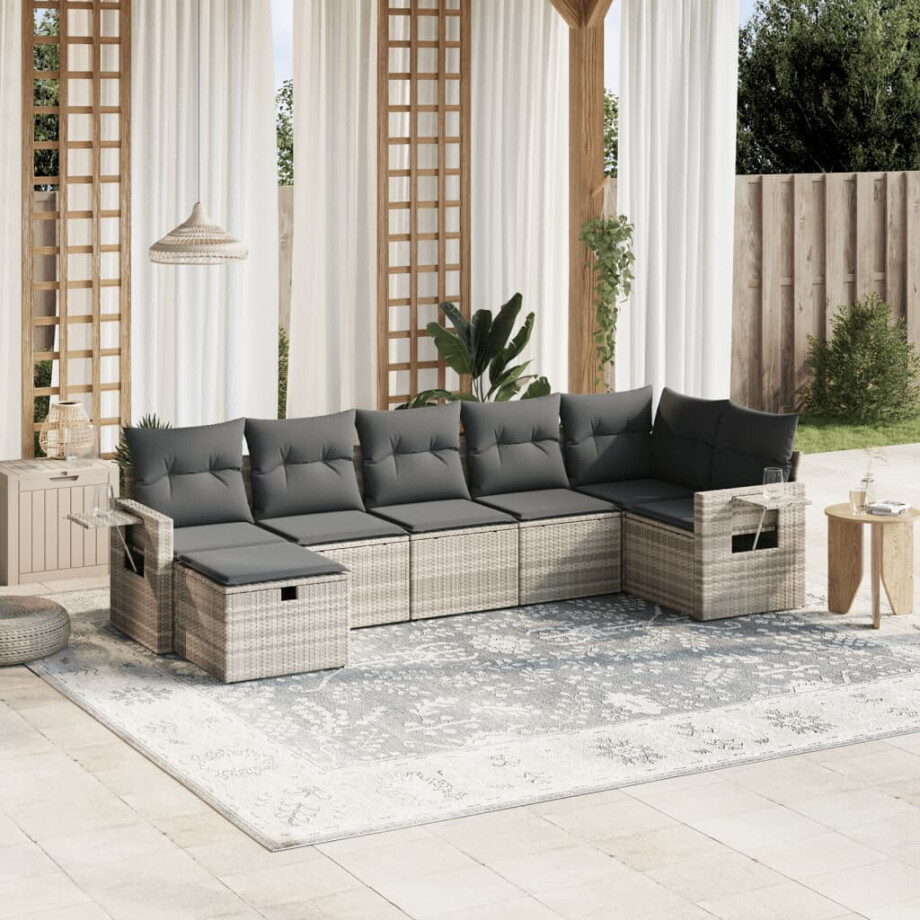 vidaXL 7-delige Loungeset met kussens poly rattan lichtgrijs afbeelding 1