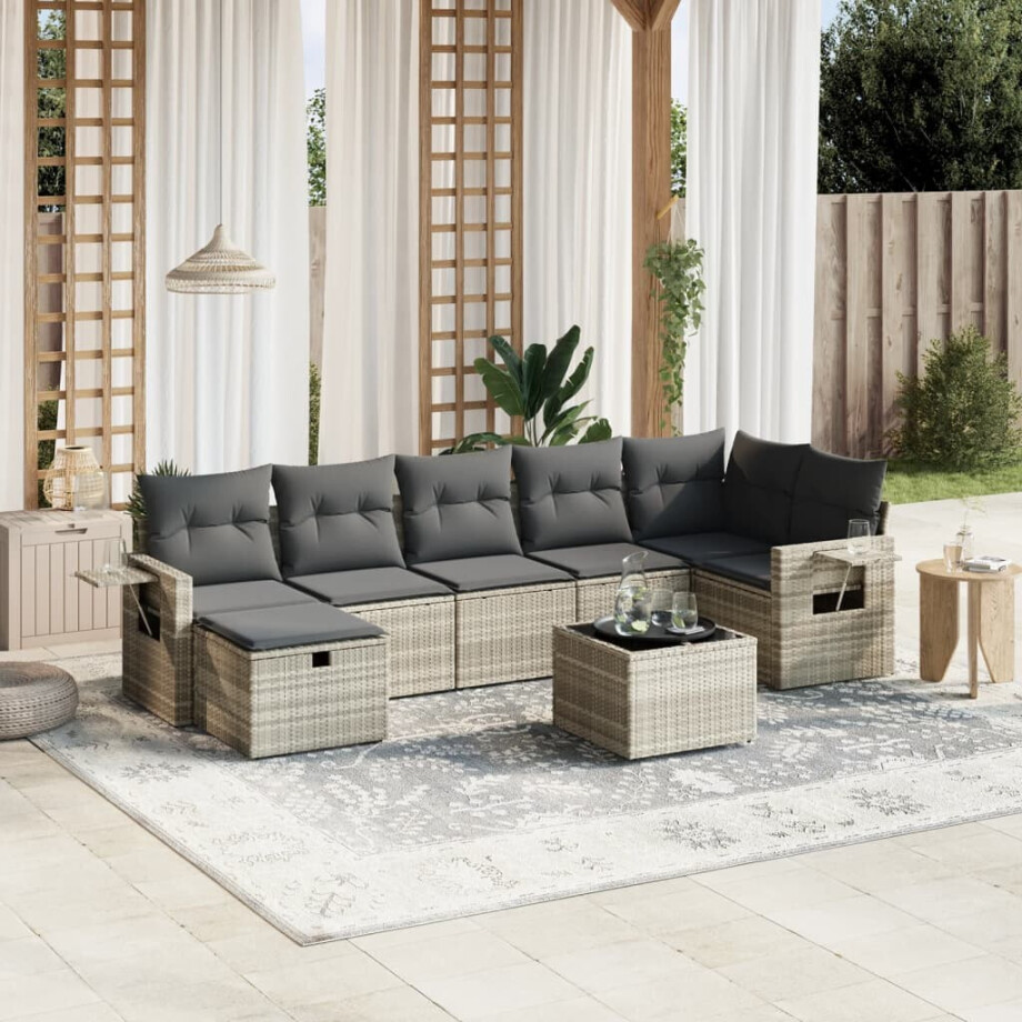 vidaXL 8-delige Loungeset met kussens poly rattan lichtgrijs afbeelding 1