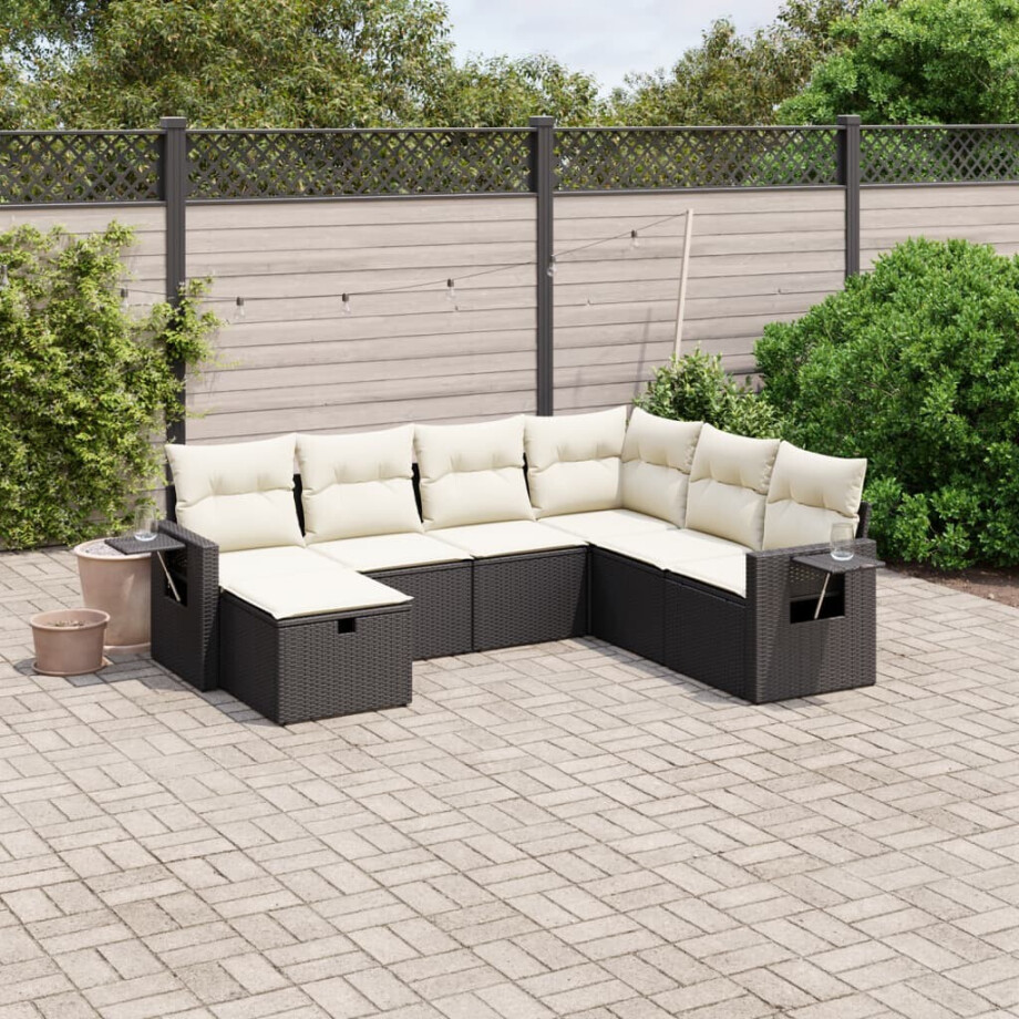 vidaXL 7-delige Loungeset met kussens poly rattan zwart vidaXL 7-delige Loungeset met kussens poly rattan zwart afbeelding 1