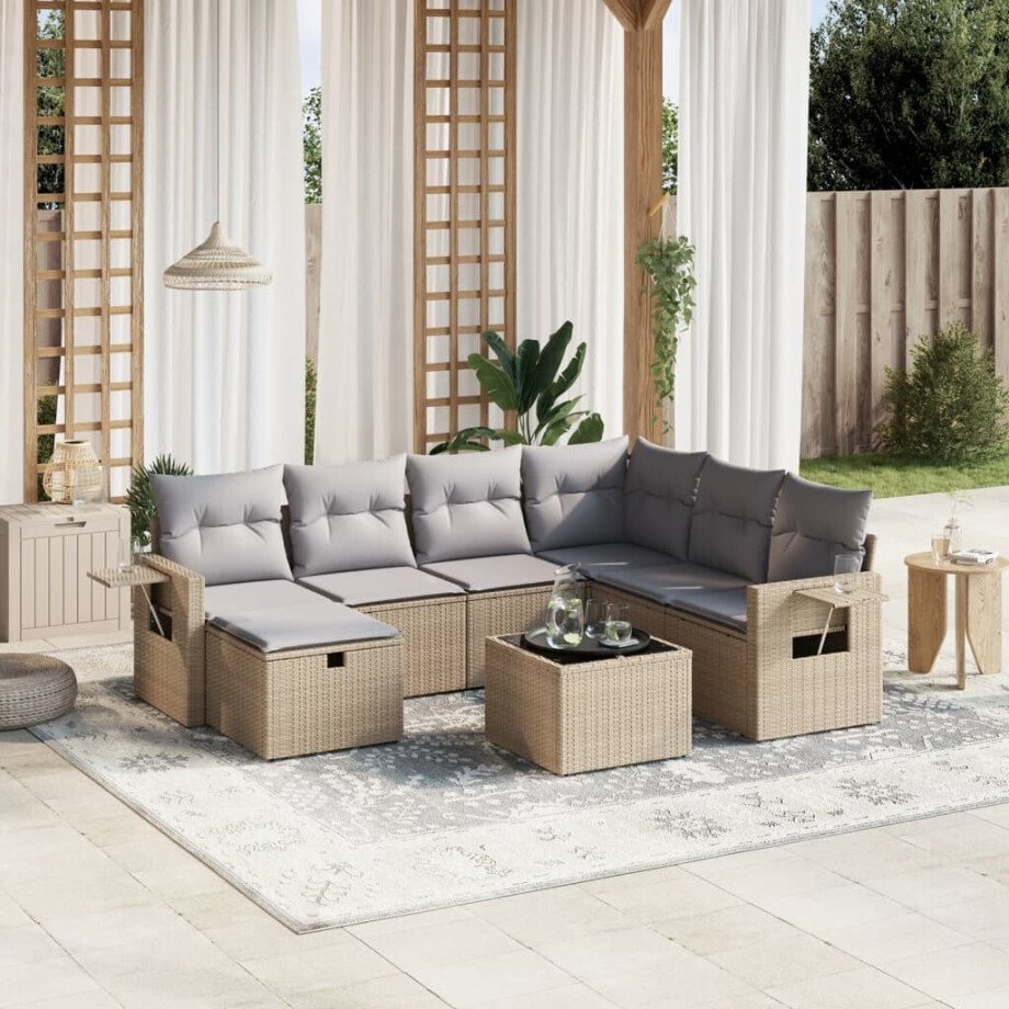 vidaXL 8-delige Loungeset met kussens poly rattan gemengd beige afbeelding 1