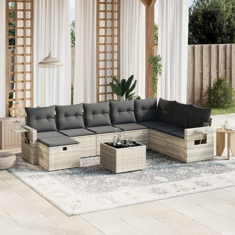 vidaXL 9-delige Loungeset met kussens poly rattan lichtgrijs afbeelding 1