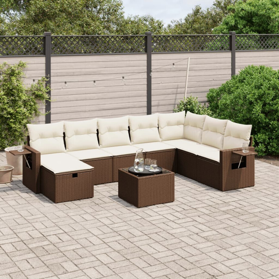 vidaXL 9-delige Loungeset met kussens poly rattan bruin afbeelding 1