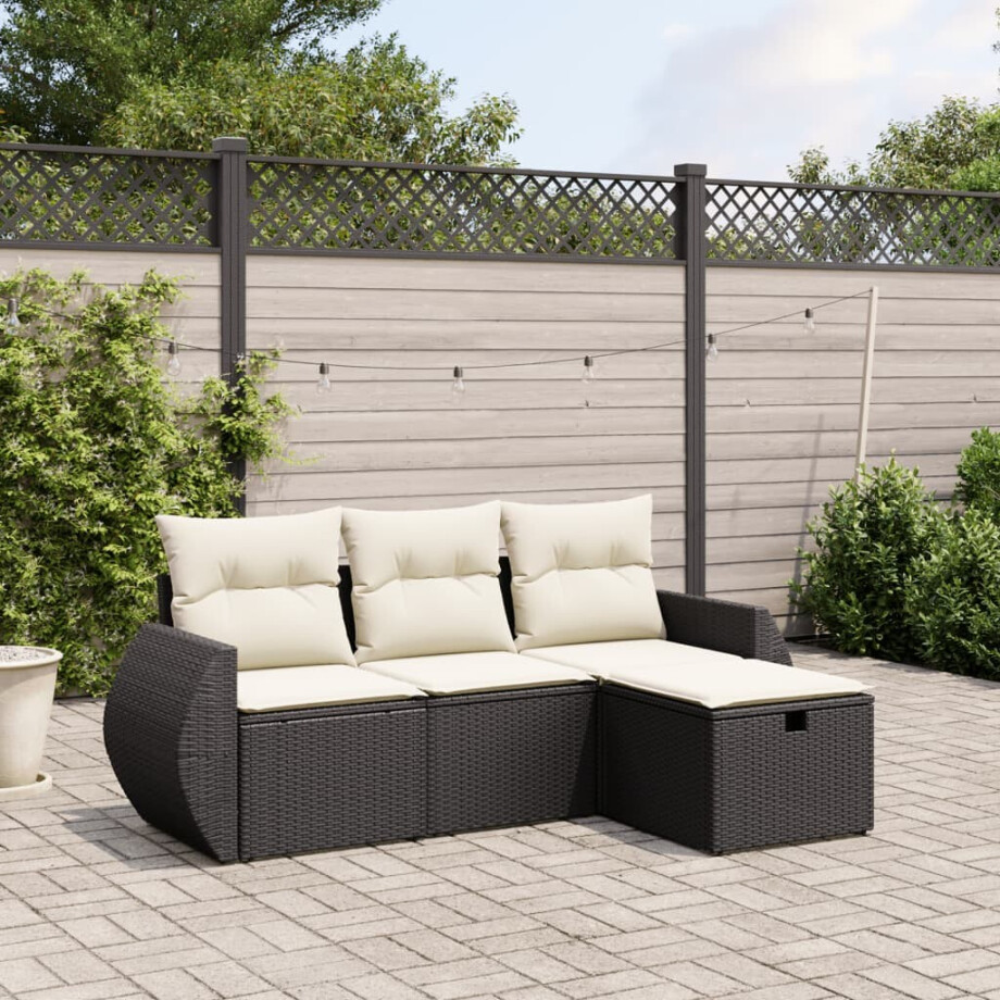 vidaXL 4-delige Loungeset met kussens poly rattan zwart afbeelding 1