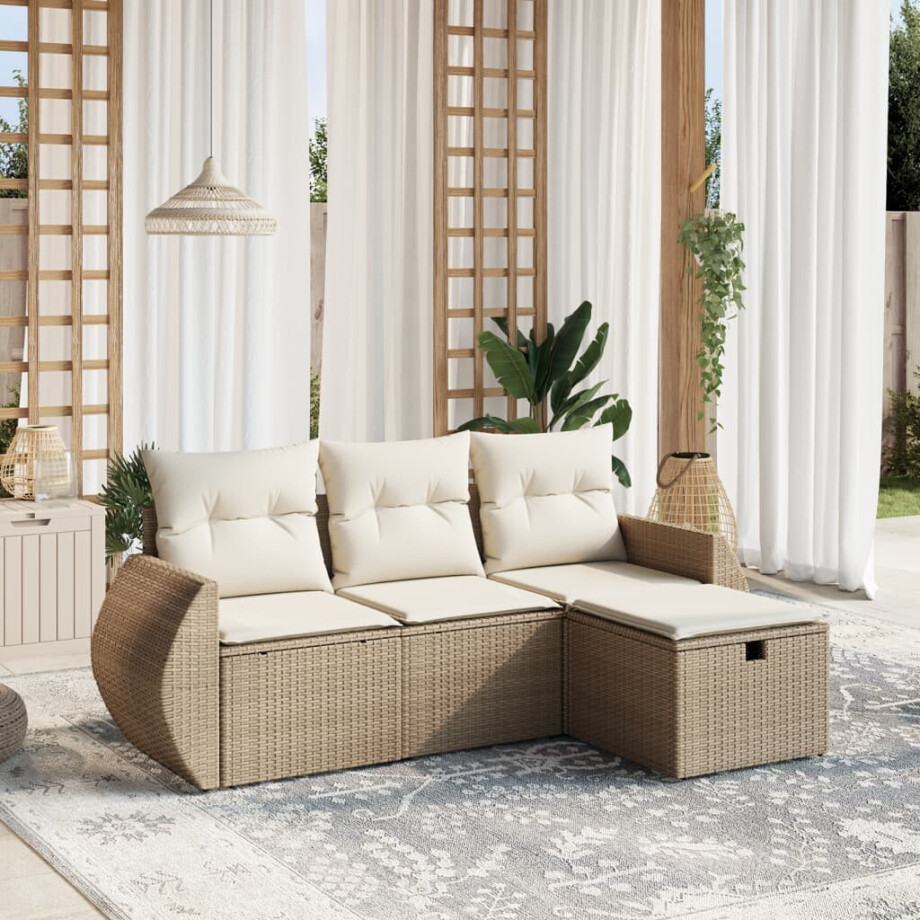 vidaXL 4-delige Loungeset met kussens poly rattan beige afbeelding 1