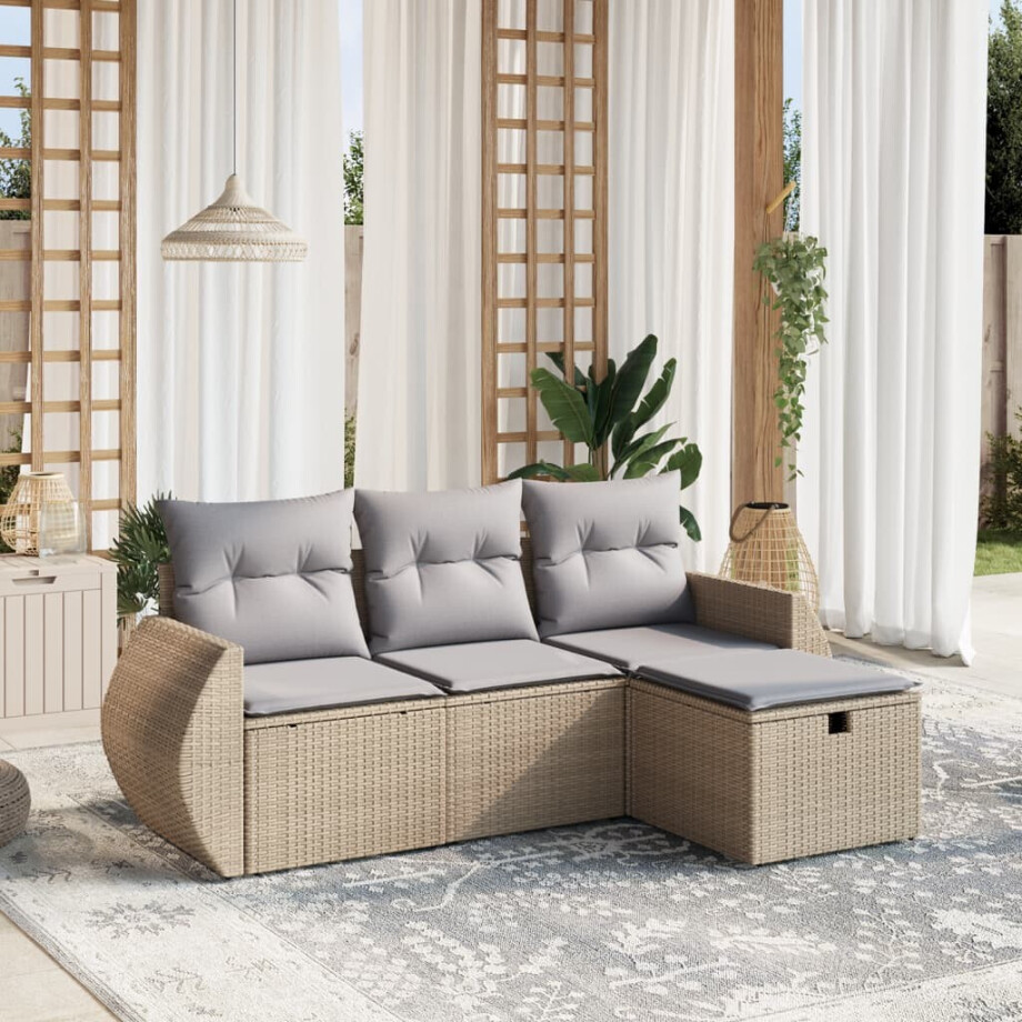 vidaXL 4-delige Loungeset met kussens poly rattan gemengd beige afbeelding 1