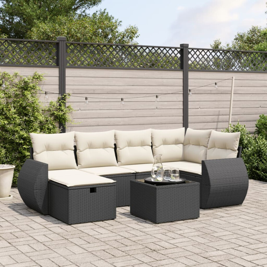 vidaXL 7-delige Loungeset met kussens poly rattan zwart vidaXL 7-delige Loungeset met kussens poly rattan zwart afbeelding 1