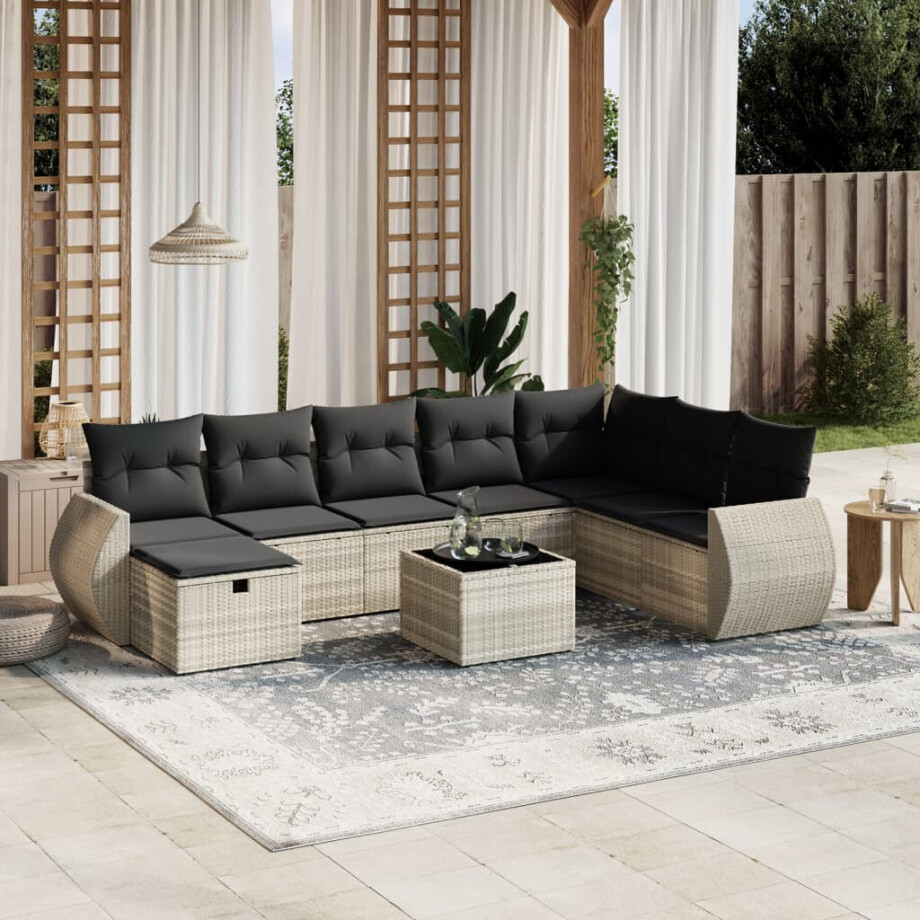 vidaXL 9-delige Loungeset met kussens poly rattan lichtgrijs vidaXL 9-delige Loungeset met kussens poly rattan lichtgrijs afbeelding 1