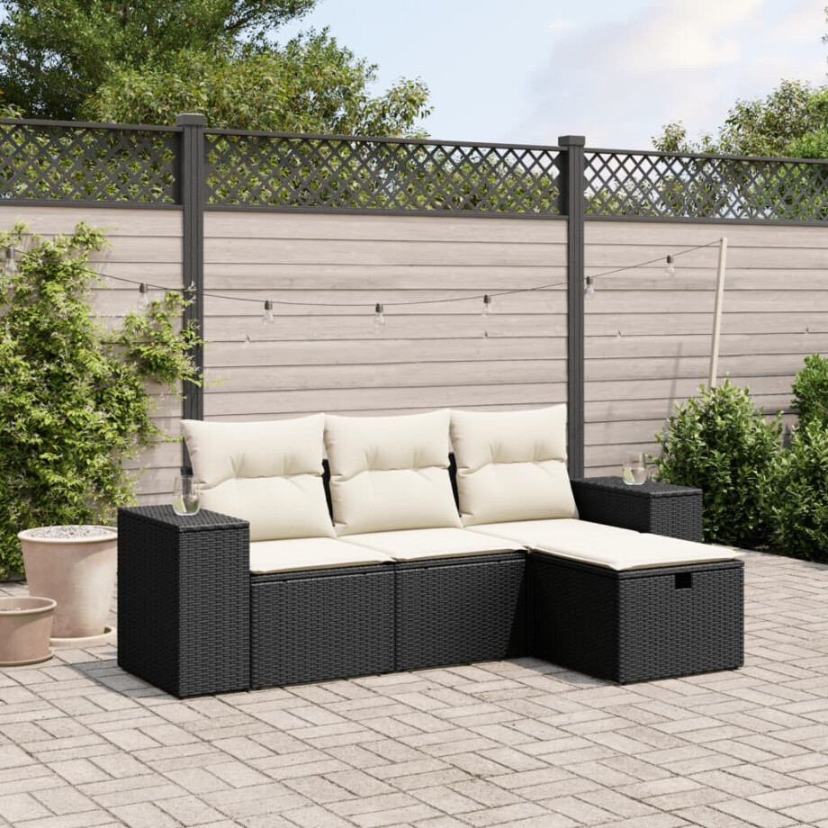 vidaXL 4-delige Loungeset met kussens poly rattan zwart afbeelding 1