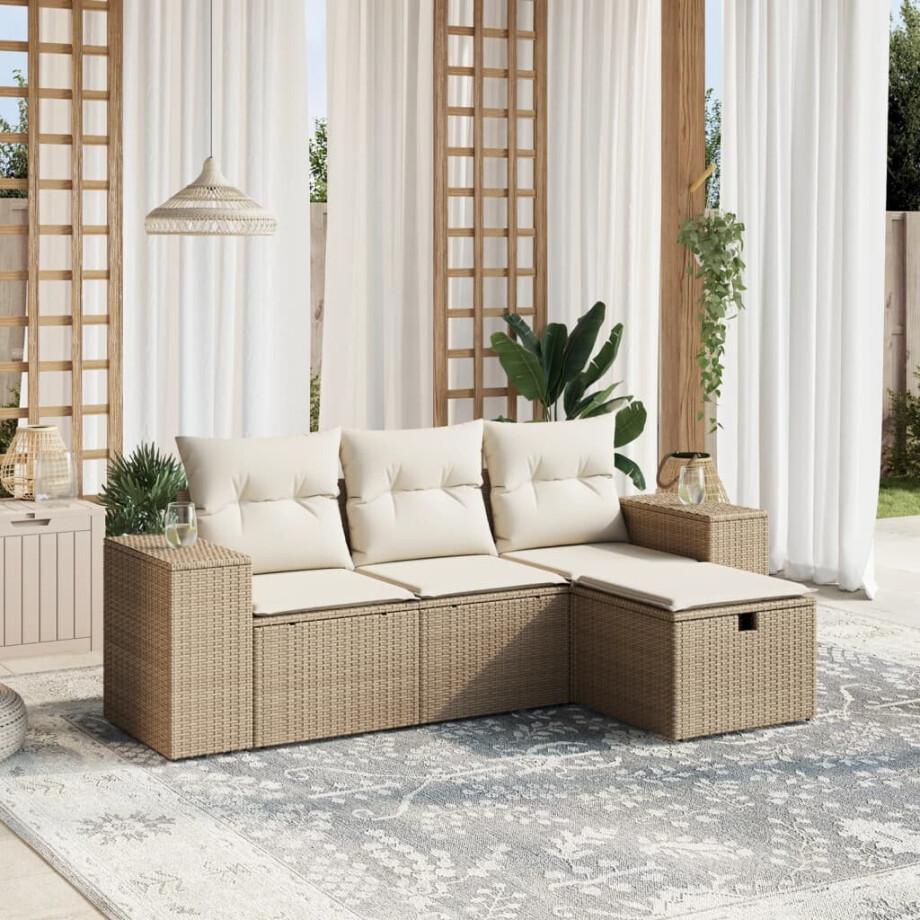 vidaXL 4-delige Loungeset met kussens poly rattan beige afbeelding 1