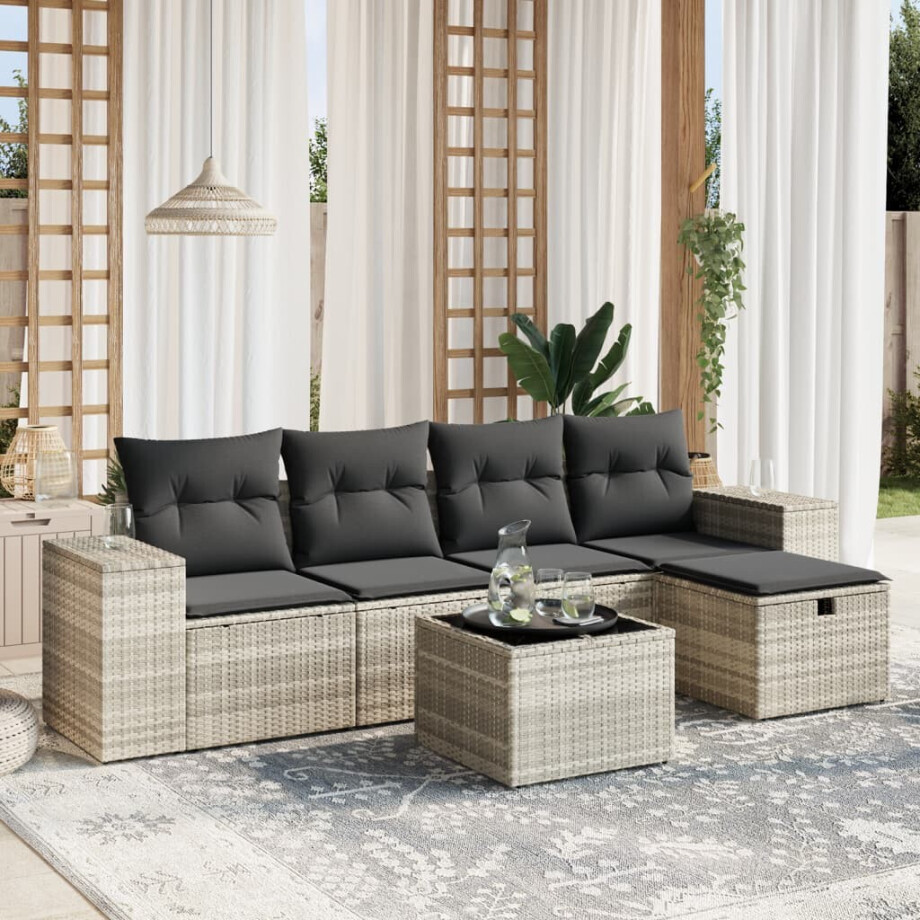 vidaXL 6-delige Loungeset met kussens poly rattan lichtgrijs afbeelding 1
