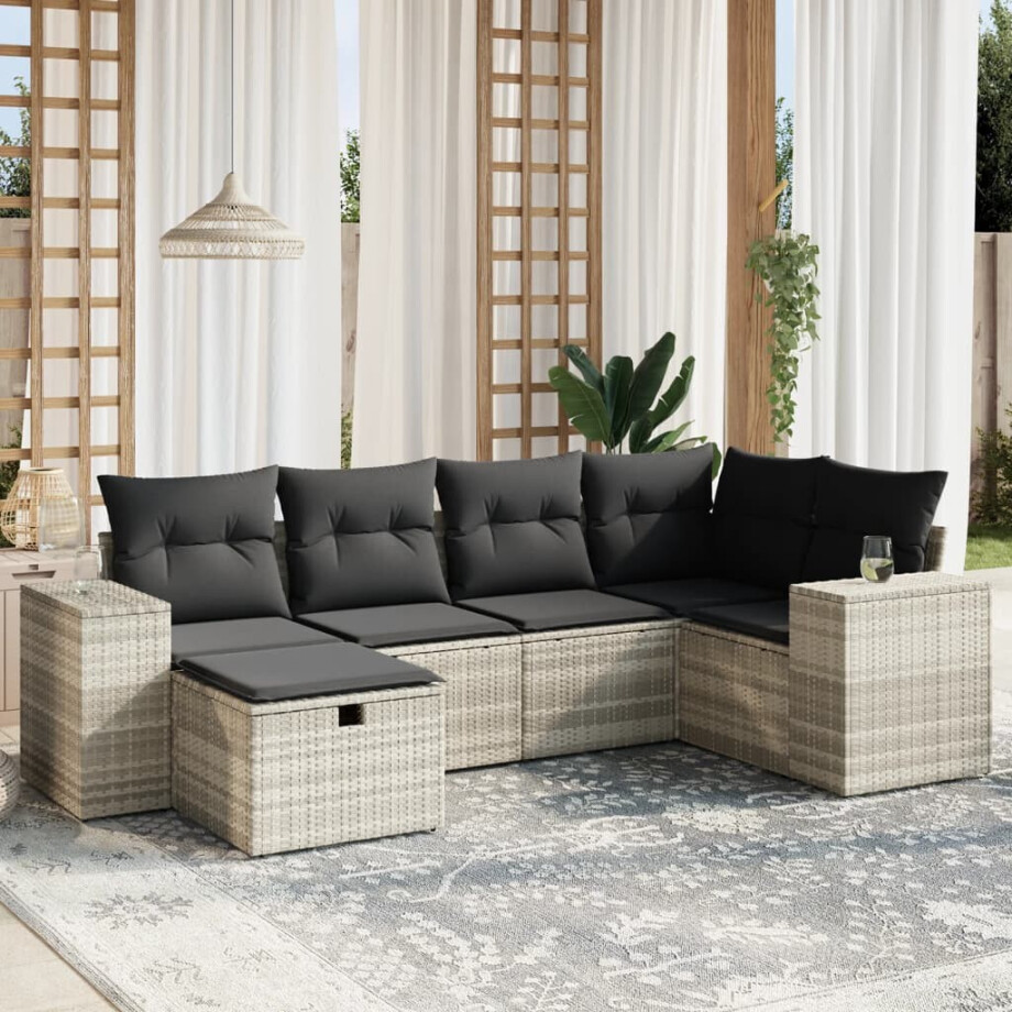 vidaXL 6-delige Loungeset met kussens poly rattan lichtgrijs afbeelding 1