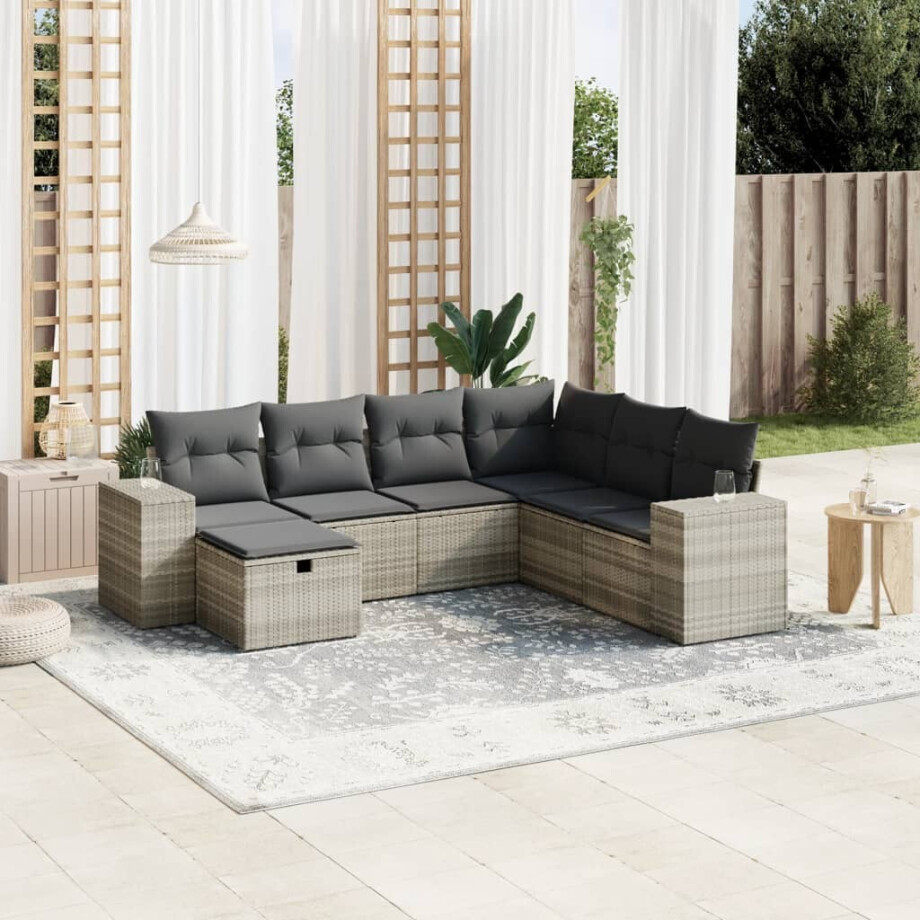 vidaXL 7-delige Loungeset met kussens poly rattan lichtgrijs vidaXL 7-delige Loungeset met kussens poly rattan lichtgrijs afbeelding 1