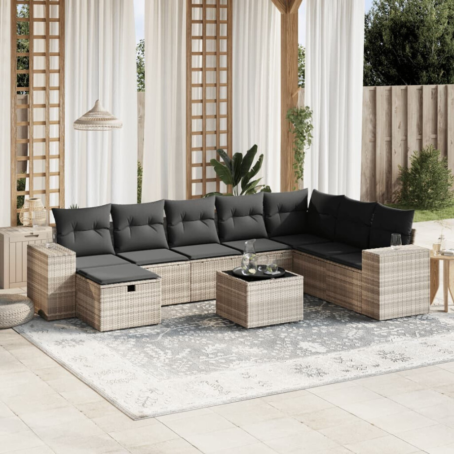 vidaXL 9-delige Loungeset met kussens poly rattan lichtgrijs afbeelding 1