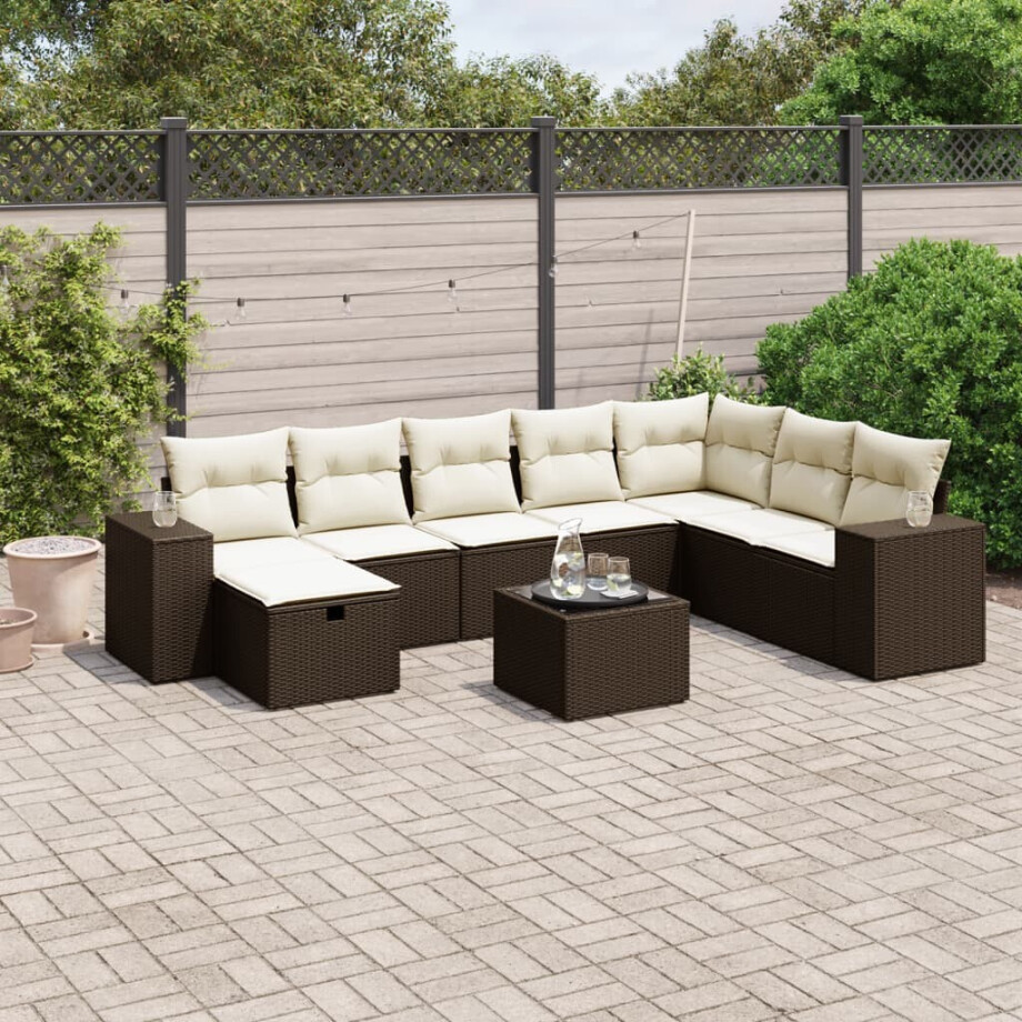 vidaXL 9-delige Loungeset met kussens poly rattan bruin afbeelding 1