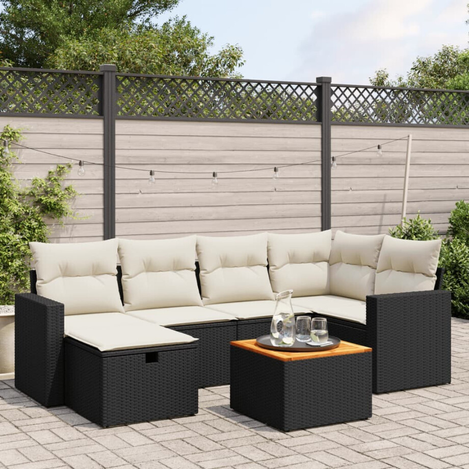 vidaXL 7-delige Loungeset met kussens poly rattan zwart vidaXL 7-delige Loungeset met kussens poly rattan zwart afbeelding 1