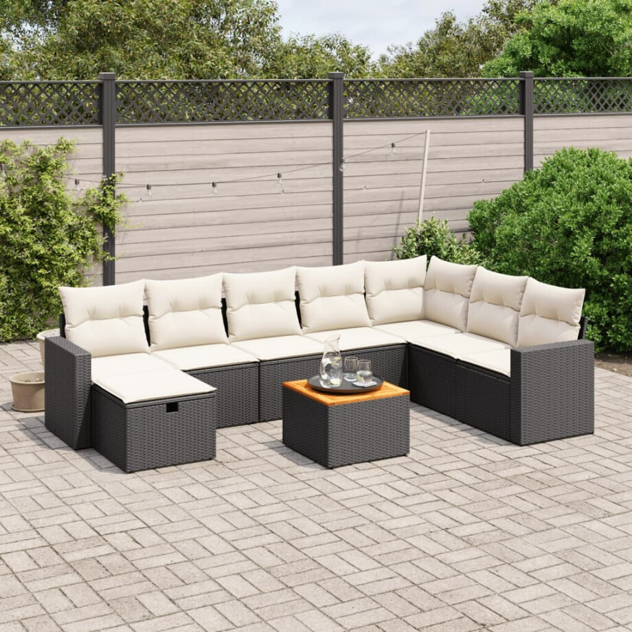 vidaXL 9-delige Loungeset met kussens poly rattan zwart afbeelding 1