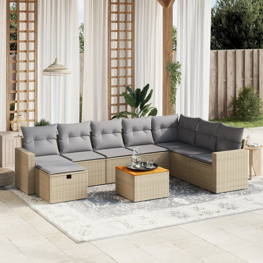 vidaXL 9-delige Loungeset met kussens poly rattan gemengd beige vidaXL 9-delige Loungeset met kussens poly rattan gemengd beige afbeelding 1