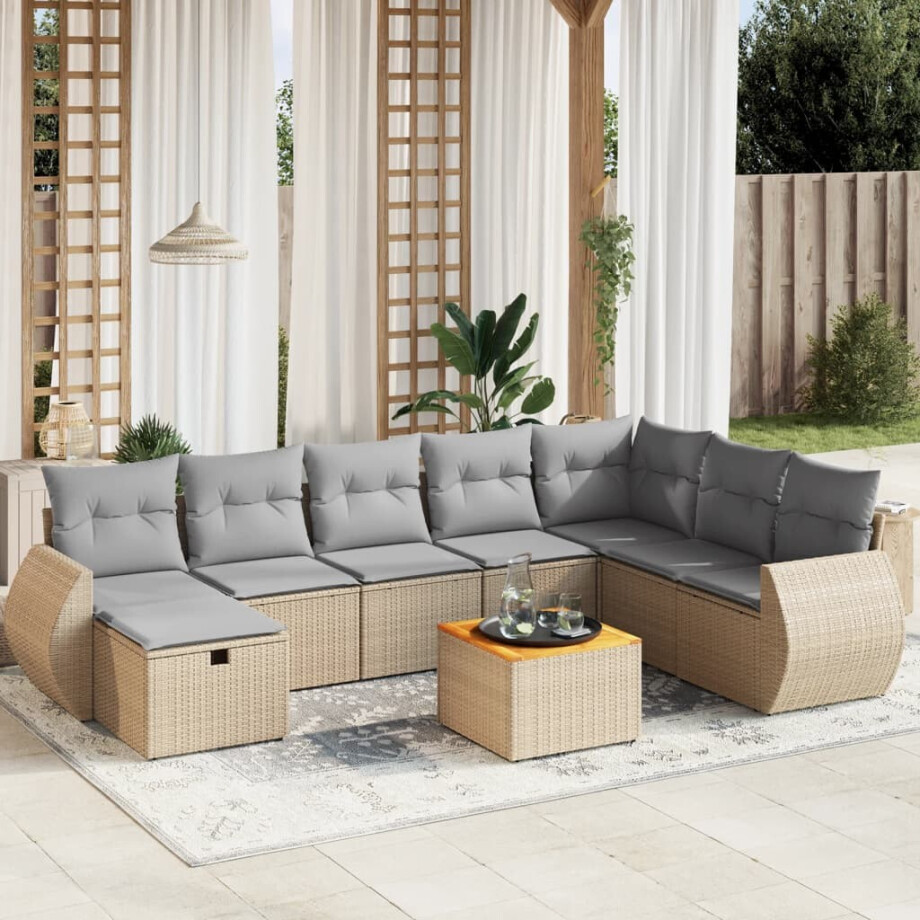 vidaXL 9-delige Loungeset met kussens poly rattan gemengd beige vidaXL 9-delige Loungeset met kussens poly rattan gemengd beige afbeelding 1