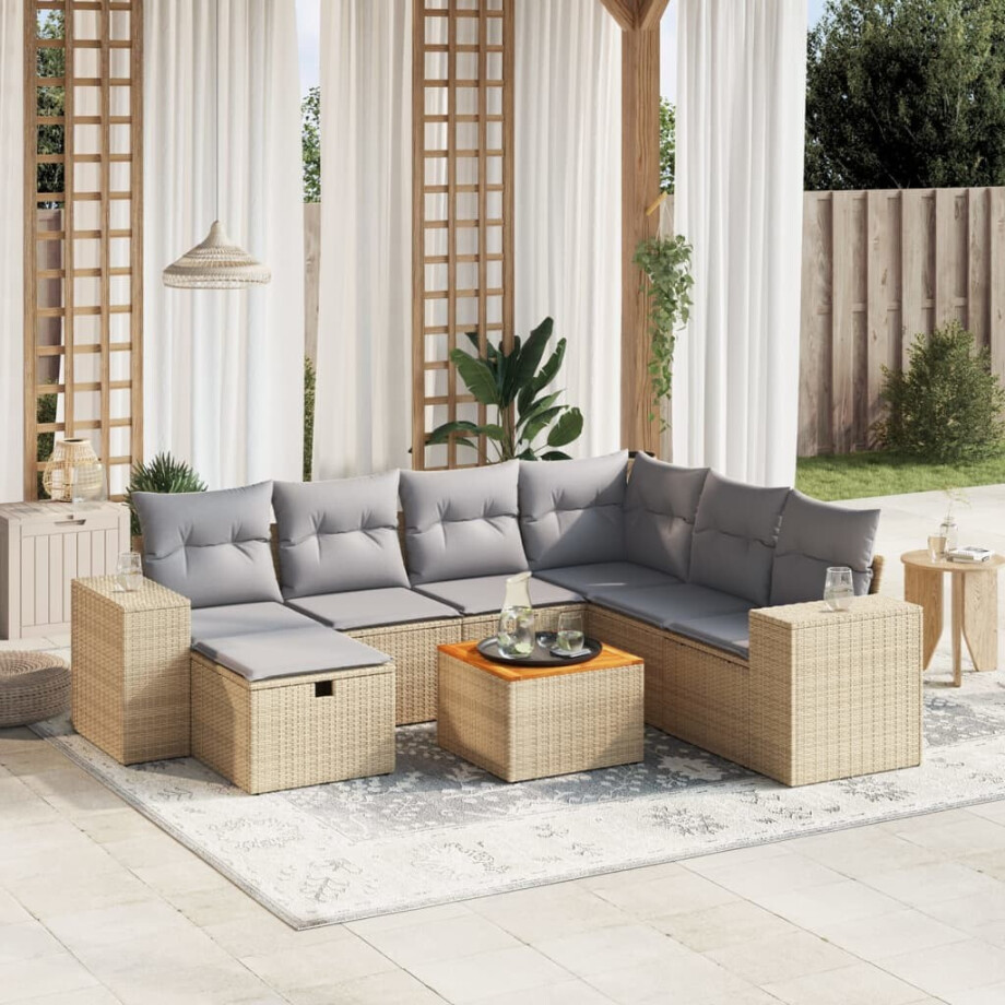 vidaXL 8-delige Loungeset met kussens poly rattan gemengd beige afbeelding 1