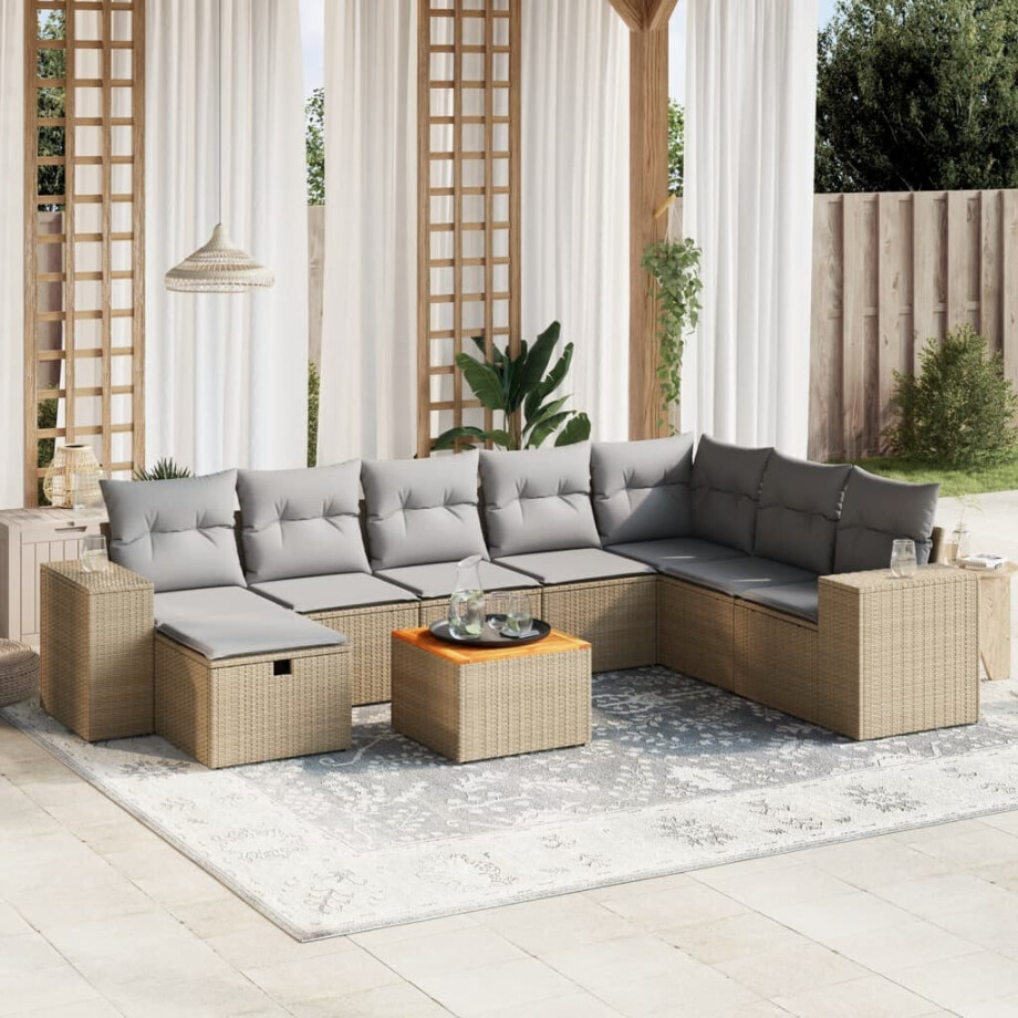 vidaXL 9-delige Loungeset met kussens poly rattan gemengd beige afbeelding 1