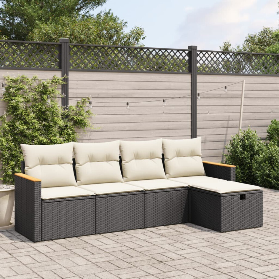 vidaXL 5-delige Loungeset met kussens poly rattan zwart vidaXL 5-delige Loungeset met kussens poly rattan zwart afbeelding 1
