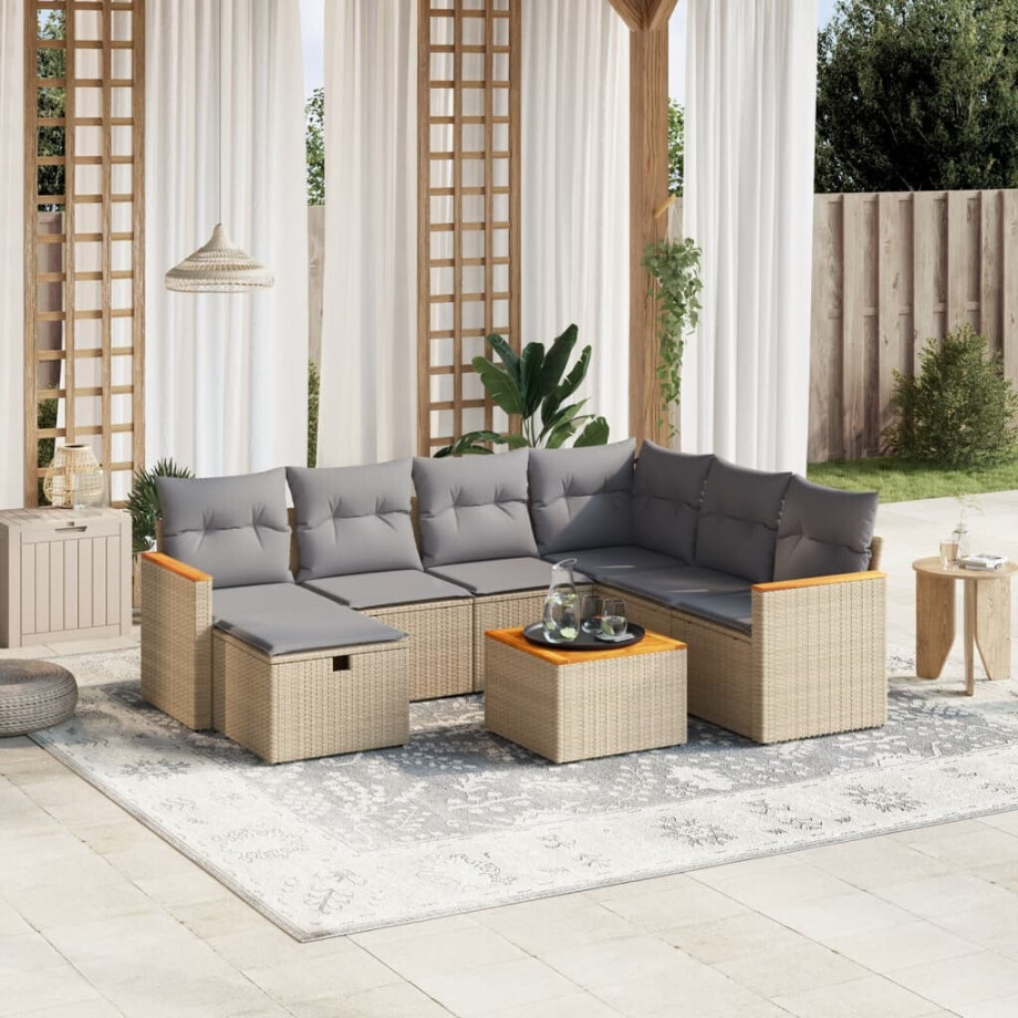 vidaXL 8-delige Loungeset met kussens poly rattan gemengd beige afbeelding 1