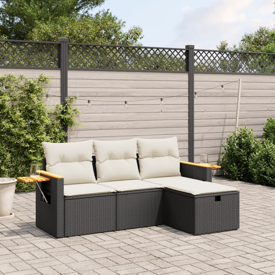 vidaXL 4-delige Loungeset met kussens poly rattan zwart afbeelding 1