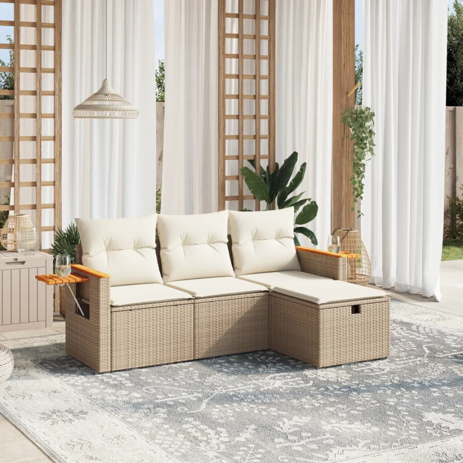 vidaXL 4-delige Loungeset met kussens poly rattan beige afbeelding 1