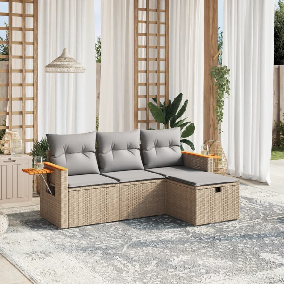 vidaXL 4-delige Loungeset met kussens poly rattan gemengd beige afbeelding 1