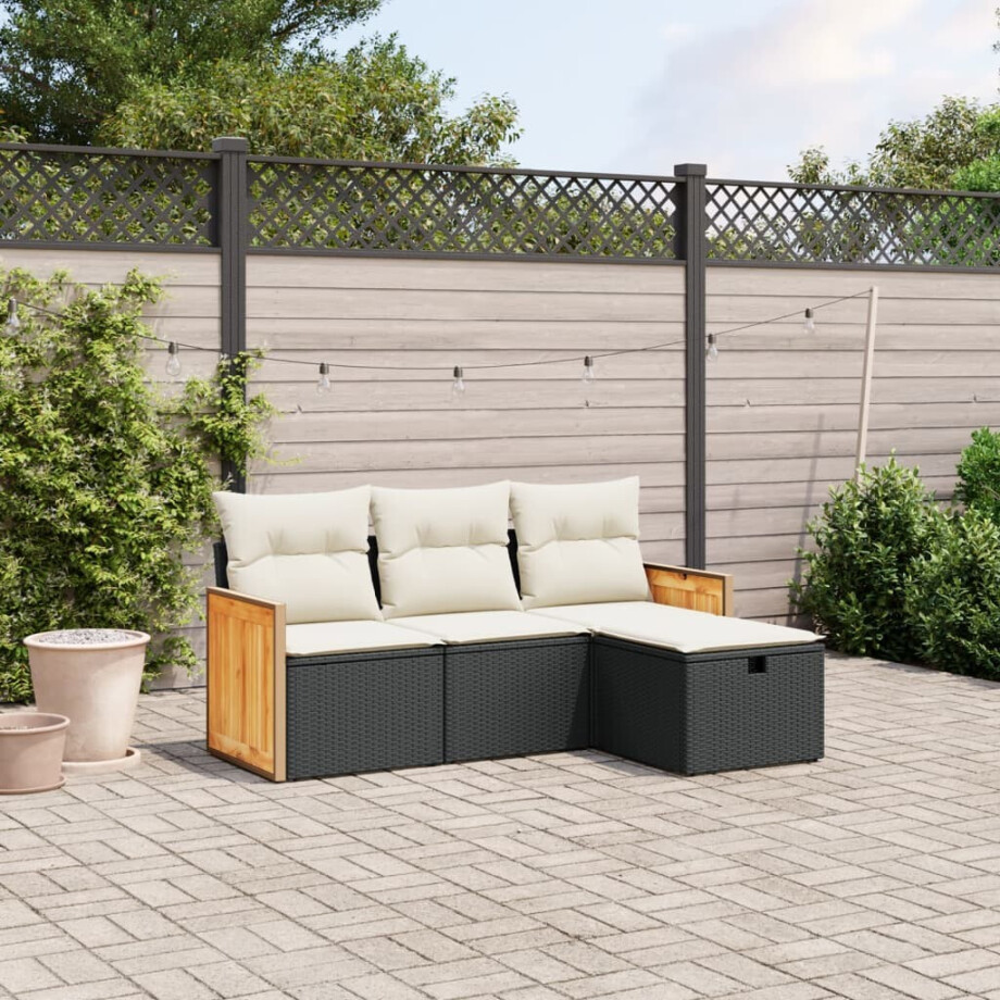 vidaXL 4-delige Loungeset met kussens poly rattan zwart afbeelding 1