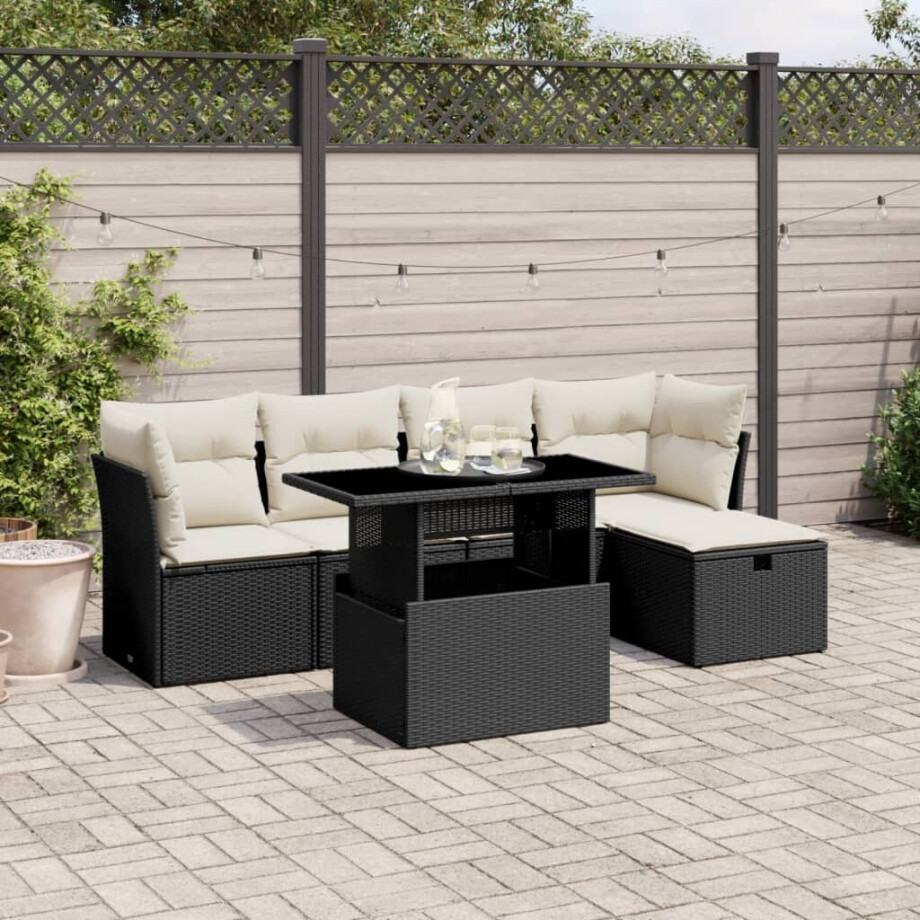vidaXL 6-delige Loungeset met kussens poly rattan zwart afbeelding 1